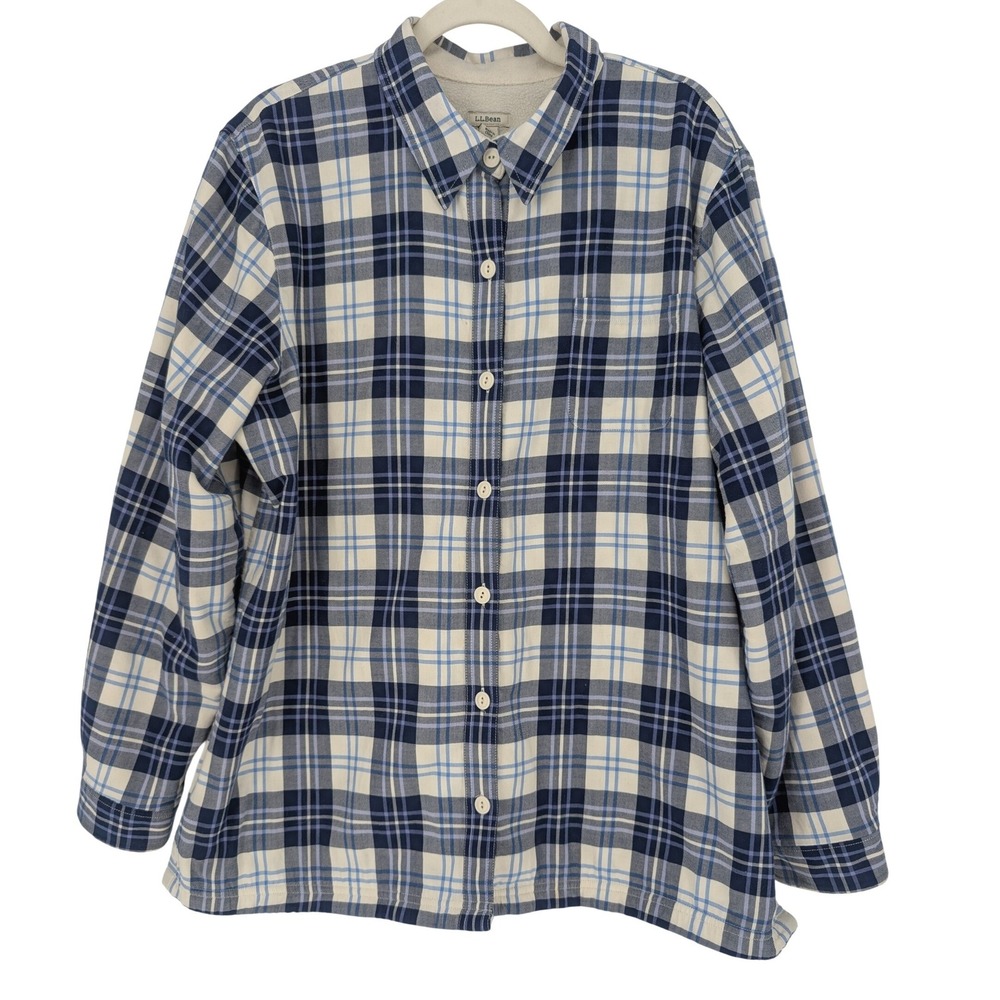 L.L.Bean Fleece Lined Flannel Shirt Jacket Womens XL Blue Plaid Cotton Cabincore